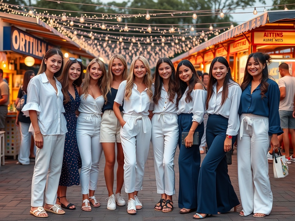 Un grup de fete zâmbitoare, îmbrăcate elegant, pozând sub luminițe pe o stradă animată.