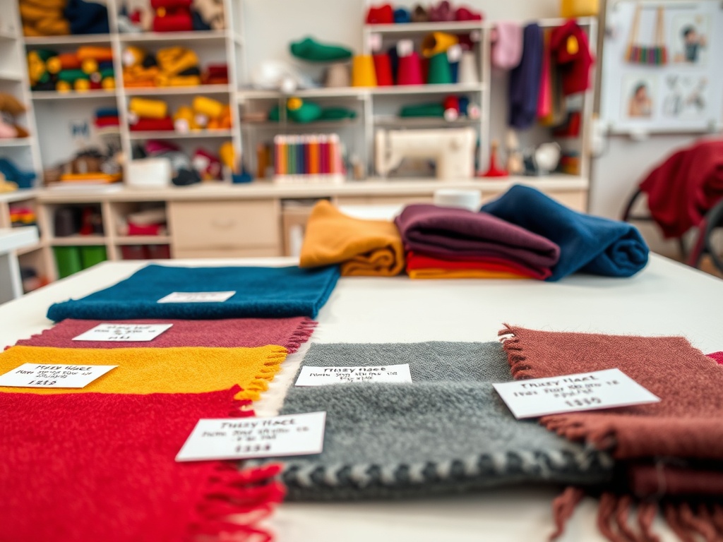 Materiale textile colorate pe masă, cu etichete de preț, într-un atelier primitor.