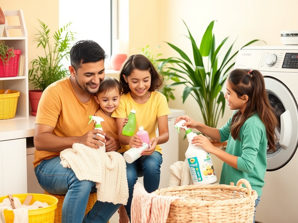 O familie veselă curăță împreună, folosind produse de curățenie, în jurul unei mașini de spălat.