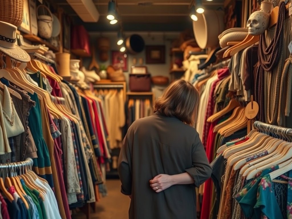 O femeie privește dulapurile pline cu haine diverse într-un magazin vintage. Atmosferă nostalgică și eclectică.
