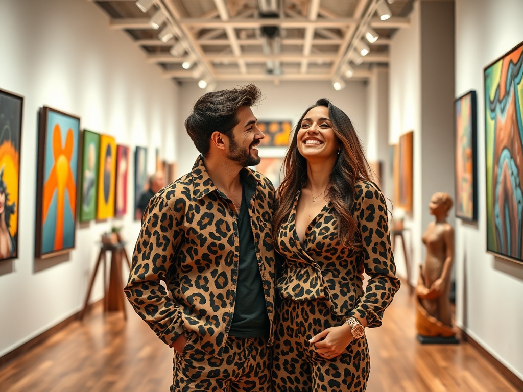 Cuplu zâmbitor în haine cu imprimeu de leopard, admirând lucrările de artă dintr-o galerie modernă.