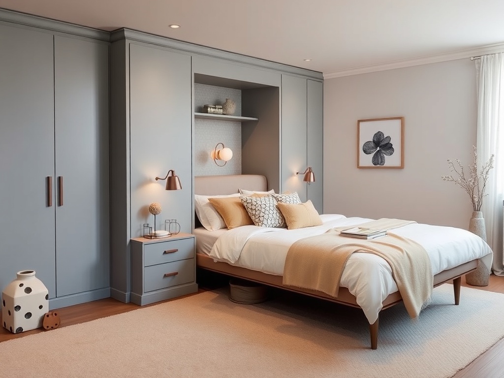 Dormitor modern și confortabil, cu mobilier gri, pat cu lenjerie albă și decor minimalist.