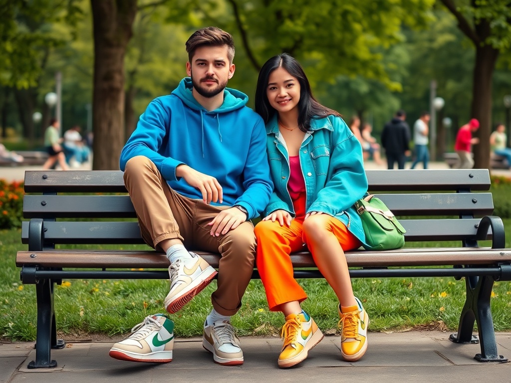 Tânărul și tânăra stau pe o bancă în parc, îmbrăcați colorat și zâmbind fericiți.